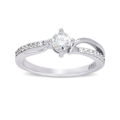 Asymmetrical ring features a .25 carat round cut stone
Trailed by more petite stones set in a prong setting
Set in certified 925 sterling silver band and is plated in rhodium and the 100% simulated diamond material (AAA CZ) stones