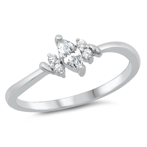 Features a .25 carat stone cut in marquis shape
Set at an angle with 2 small round cut stones on each side
100% simulated diamond material stones (AAA CZ)
Set in a beautiful prong finish with 925 certified sterling silver and is plated in Rhodium
Available in sizes 4 through 10