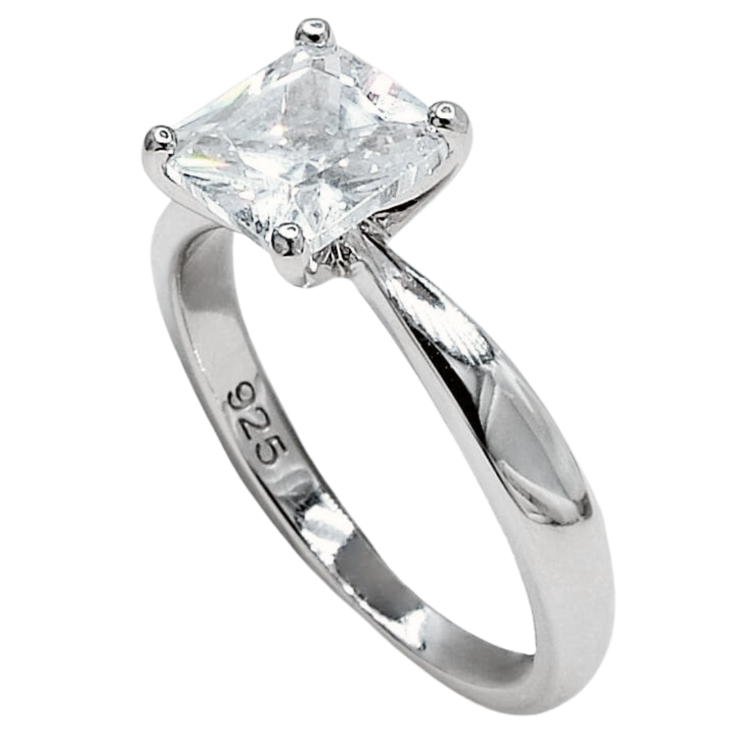 Features a 1.5-carat princess cut center stone
Set in an elegant solitaire sterling silver setting
Plated in Rhodium for lasting sparkle and durability
Available in sizes 3 through 13