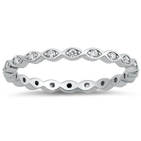 Eternity style band with 2 mm stones
Clear Triple A CZ stones
Sterling Silver with Rhodium plating
Available in gold and sizes 4 through 12