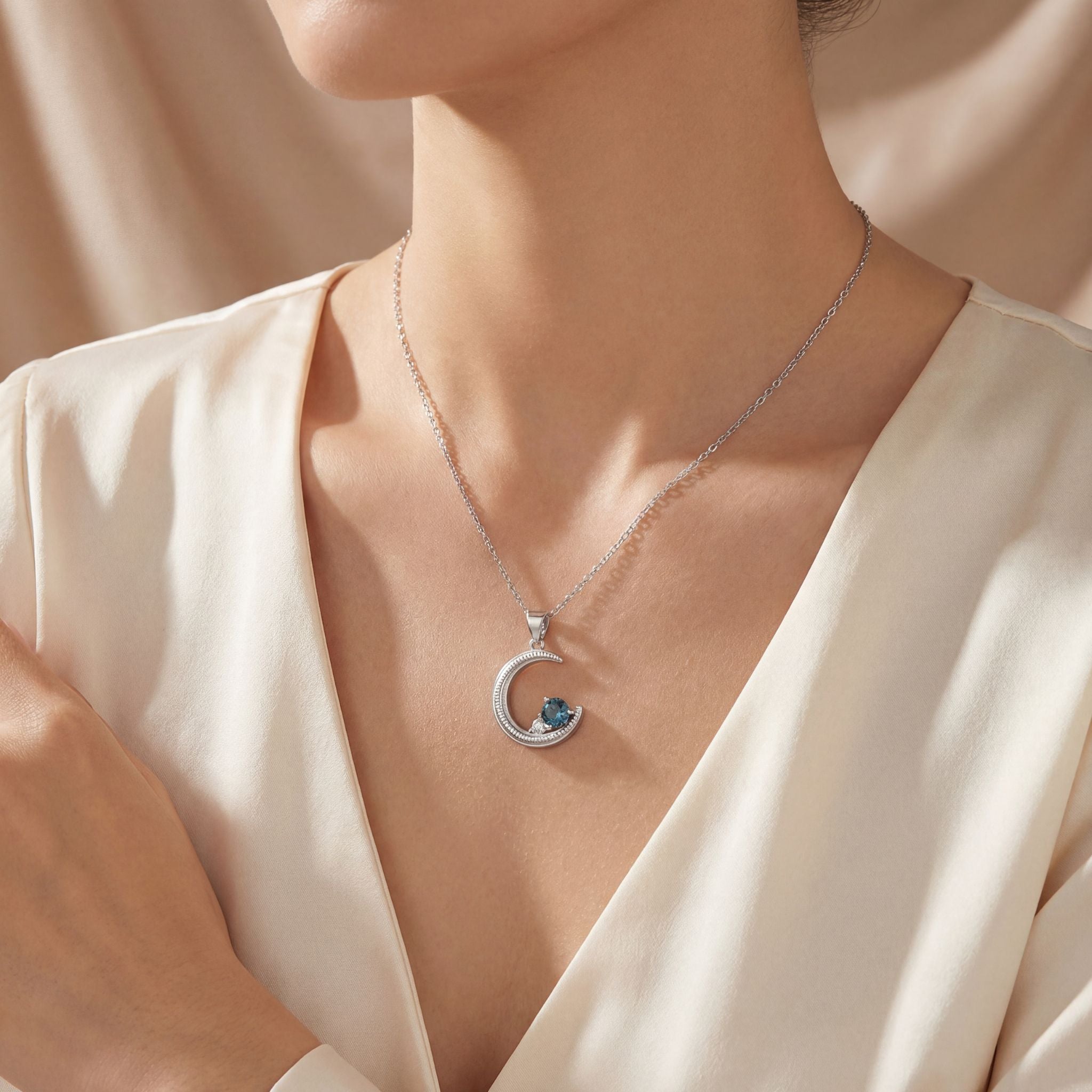 Moonbeam Necklace in Silver - Rhodium Plated Sterling Silver CZ Pendant