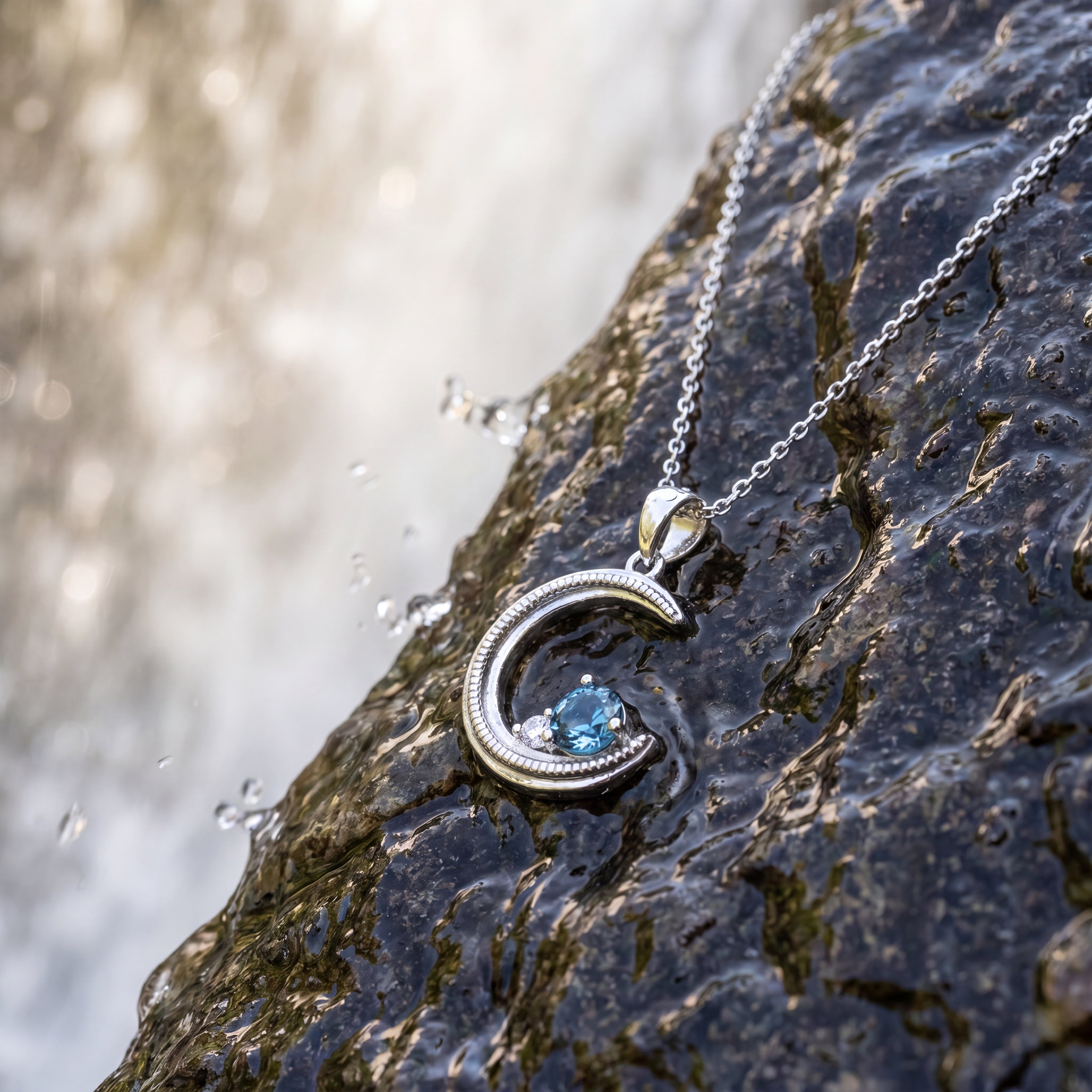 Moonbeam Necklace in Silver - Rhodium Plated Sterling Silver CZ Pendant