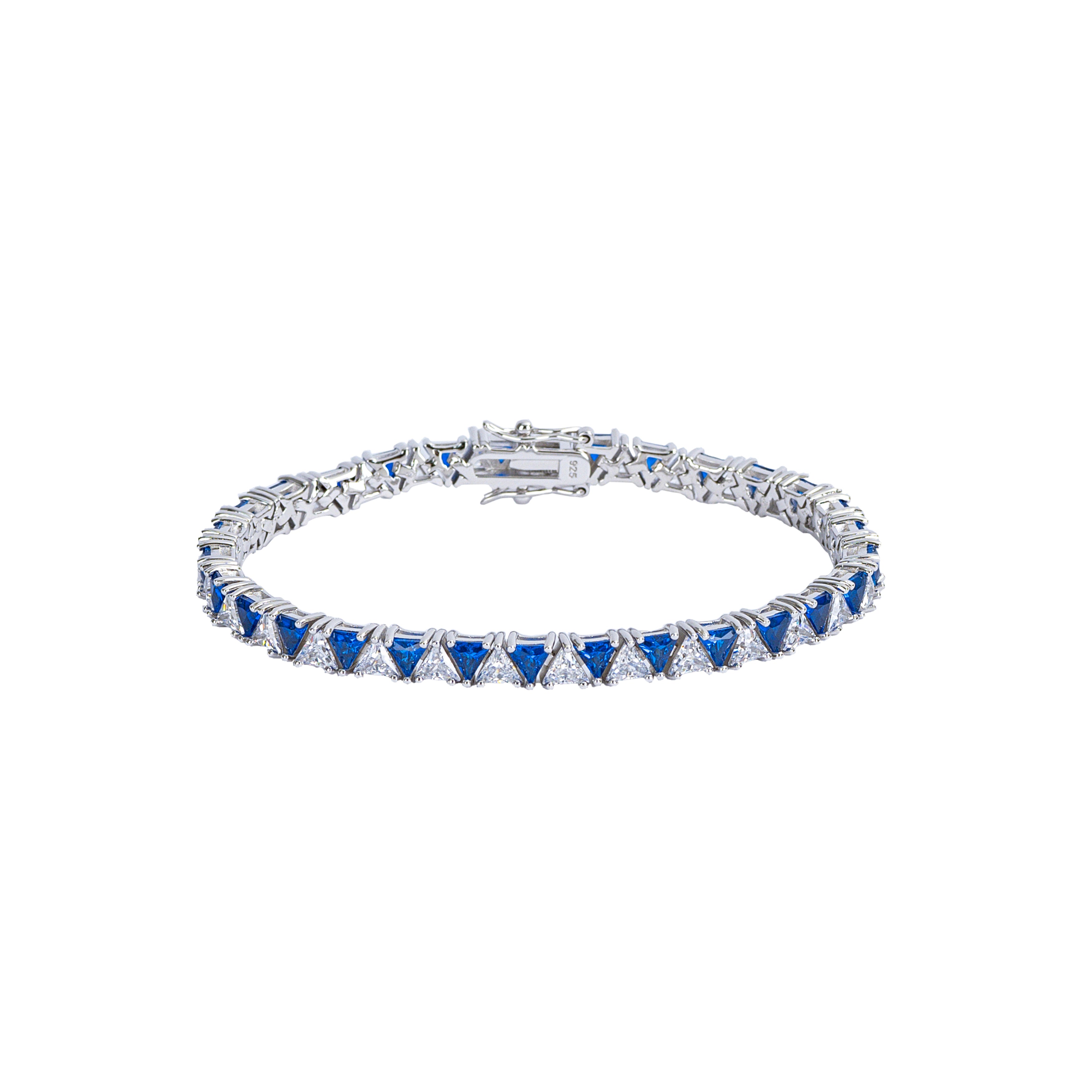 Silver bracelet with triangle-shaped blue and clear gemstones on a white background