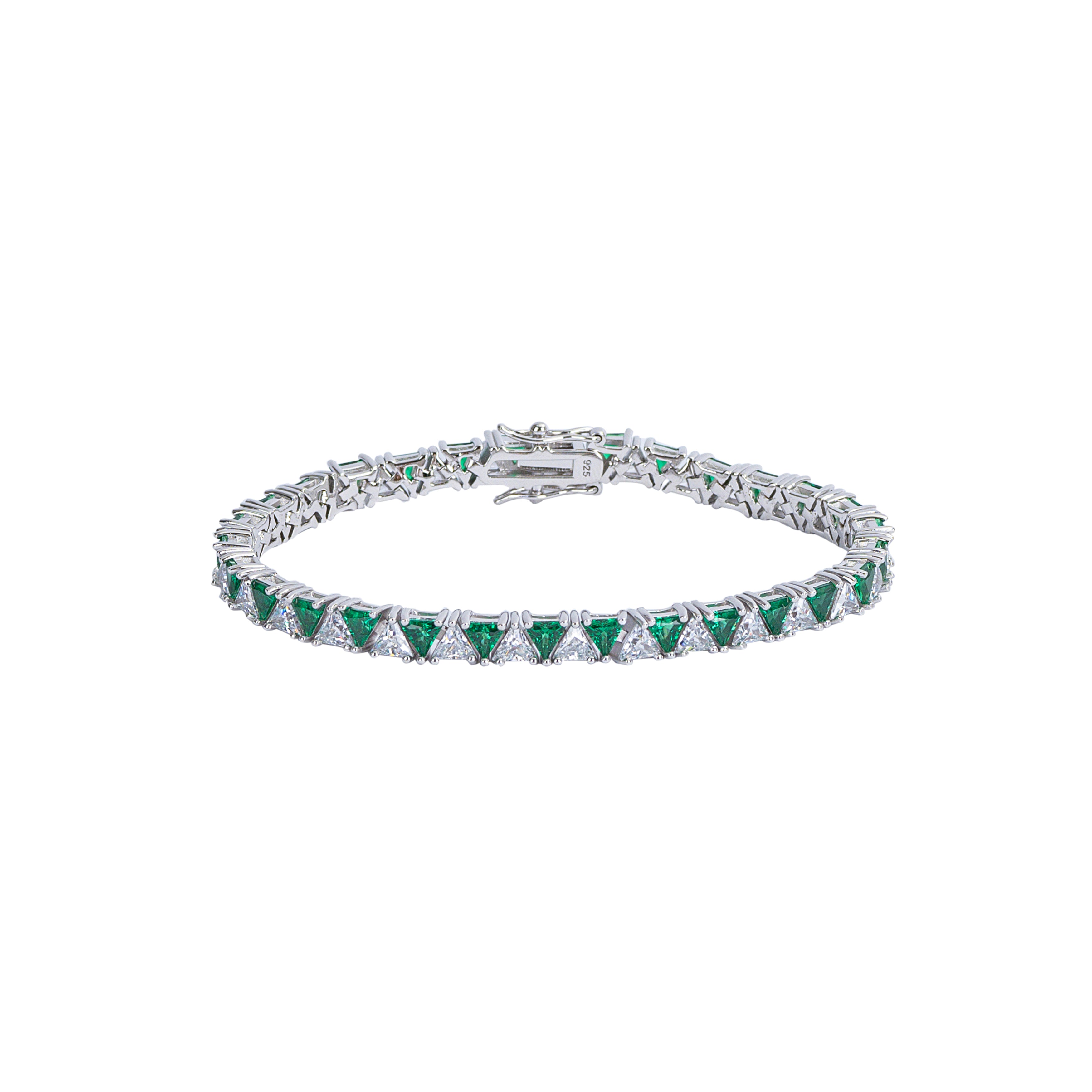 Bracelet with green triangle gemstones on a white background