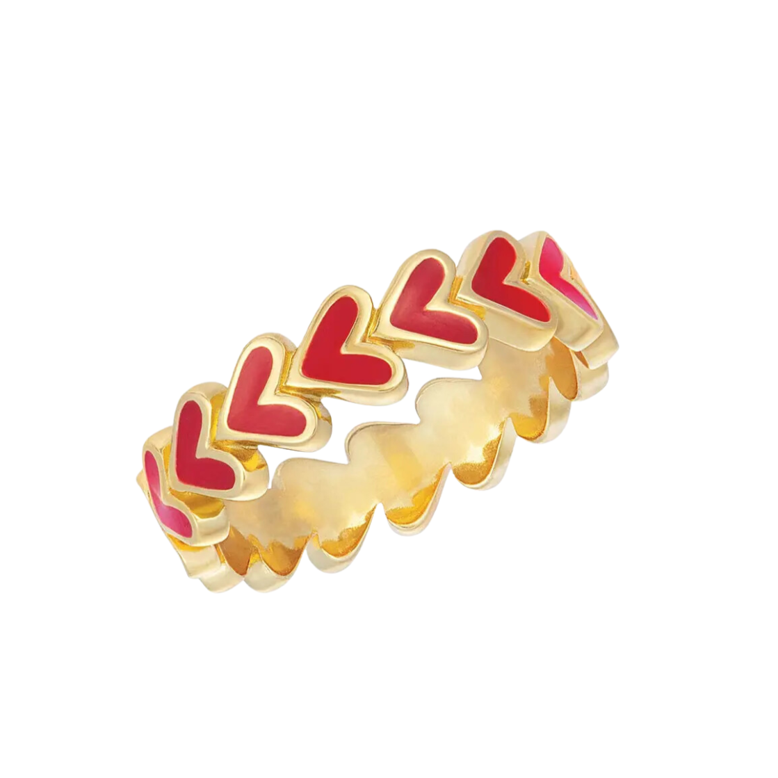 This heart-shaped eternity band features a sequential row of red enamel hearts.&nbsp;

Crafted with 14K gold plating
Best of all, it's lead and nickel-free for a worry-free wearing experience! Also available in silver.