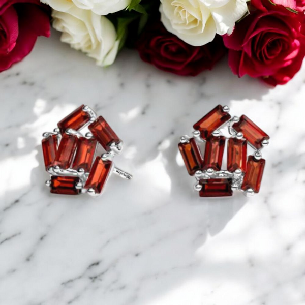 Little Sizzle Stud Earrings - Garnet Red CZ Cluster | 14K White Gold