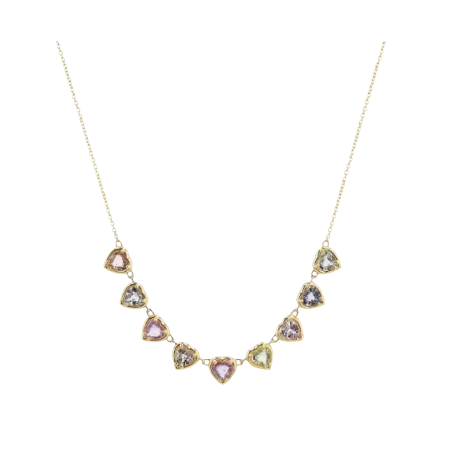 Get ready to fall in love with our Hearts All Around Necklace!&nbsp; The perfect necklace to match your Spring and Summer wardrobe.&nbsp;&nbsp;

Features 9 colorful CZ pendants
Crafted with 925 sterling silver and plated with 14K gold.
Plus, it's lead and nickel-free.
It's the perfect length at about 18 inches.
