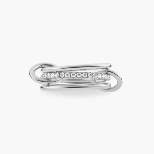 Silver stackable ring with clear CZ accents on a white background