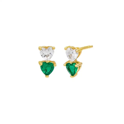 Lucky Earrings - Luck and Love Together .  White CZ heart-shaped stone on top ith green heart-shaped stone on the bottom.  Available in silver and gold. 