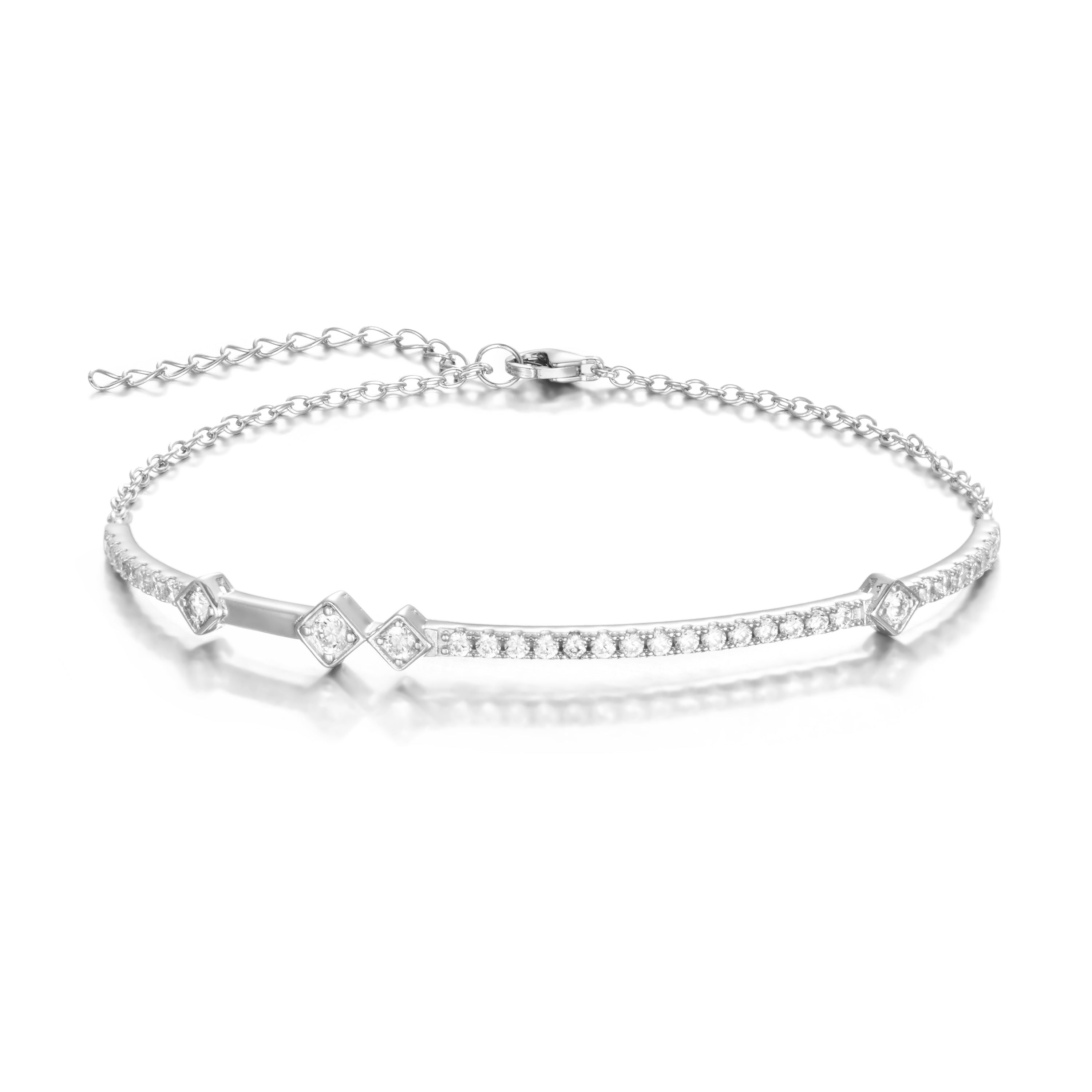 Made of Sterling Silver and with 4 white 3A CZ stones
Plated in Rhodium for extended durability
Length is 6.5 inches with an adjustable chain
Lead and nickel free