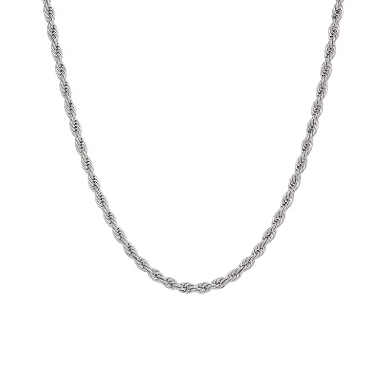 Silver rope chain necklace on a white background