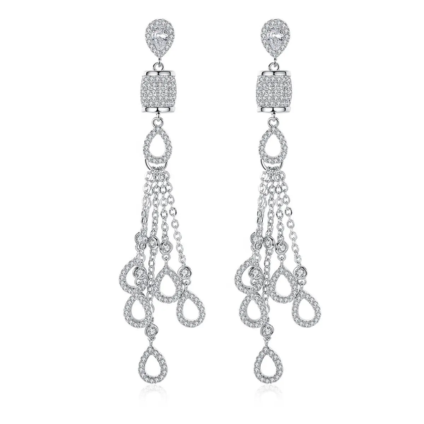 Chandelier Earrings - Rhodium Plated 925 Silver Tassel Drop 7.5cm
