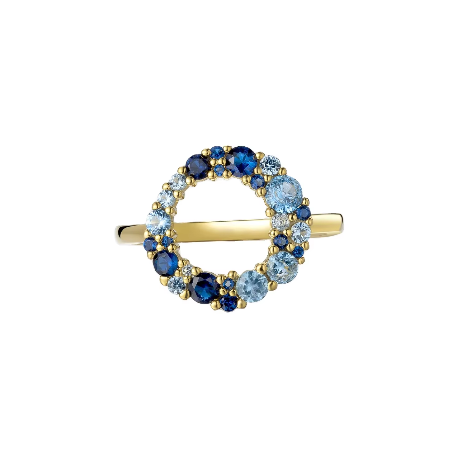 Sterling silver with blue 3A CZ stones
Plated in 18K gold
Lead &amp; Nickle free
Available in sizes 5 through 11