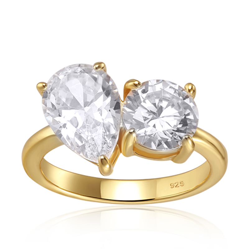 Features a 1-carat round cut stone (7mm x 7mm) and a 1.5-carat pear cut stone (10mm x 7mm) double center stone
Solitaire setting set in a beautiful prong setting
Sterling silver plated with 14K gold
Also available in silver
Ring sizes 4 through 11
