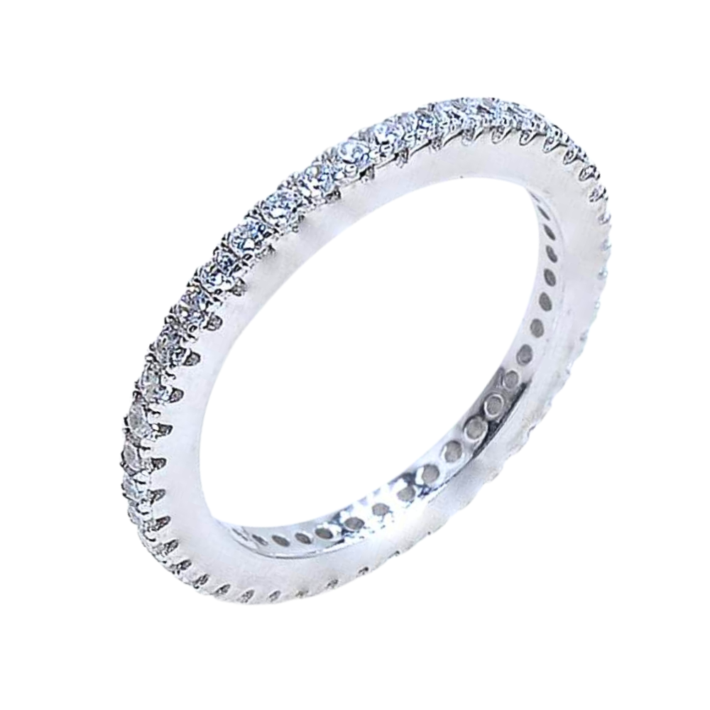 The sparkling stones continue around the circumference of the band
100% simulated diamond material (AAA CZ) set in a beautiful prong setting
Also available in rose gold&nbsp;
Available in sizes 4 through 12
