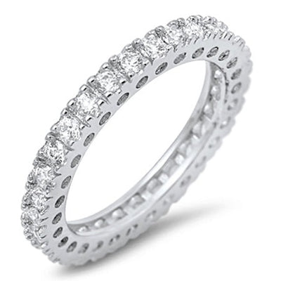 Clear Triple A CZ stones embedded all the way around the band

Sterling silver plated in Rhodium for extra shine and durability
Available in sizes 5 through 12