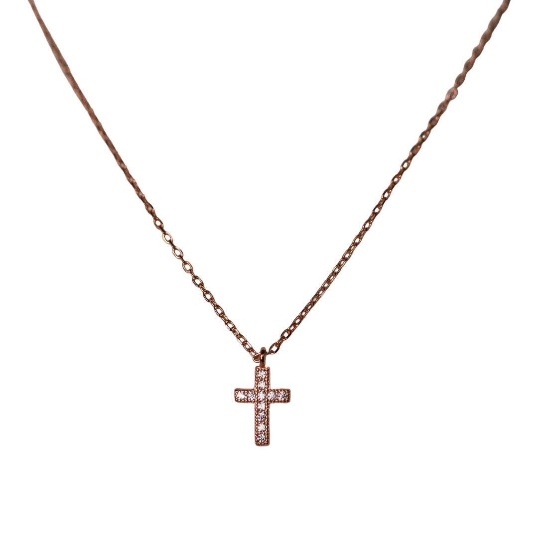 Certified 925 sterling silver setting is plated in 14k gold
Lining the cross in an intricate setting are sparkling stones
Made of 100% simulated diamond material (AAA CZ).
The chain is 16", and the cross is approximately 1/2” tall
Available in silver