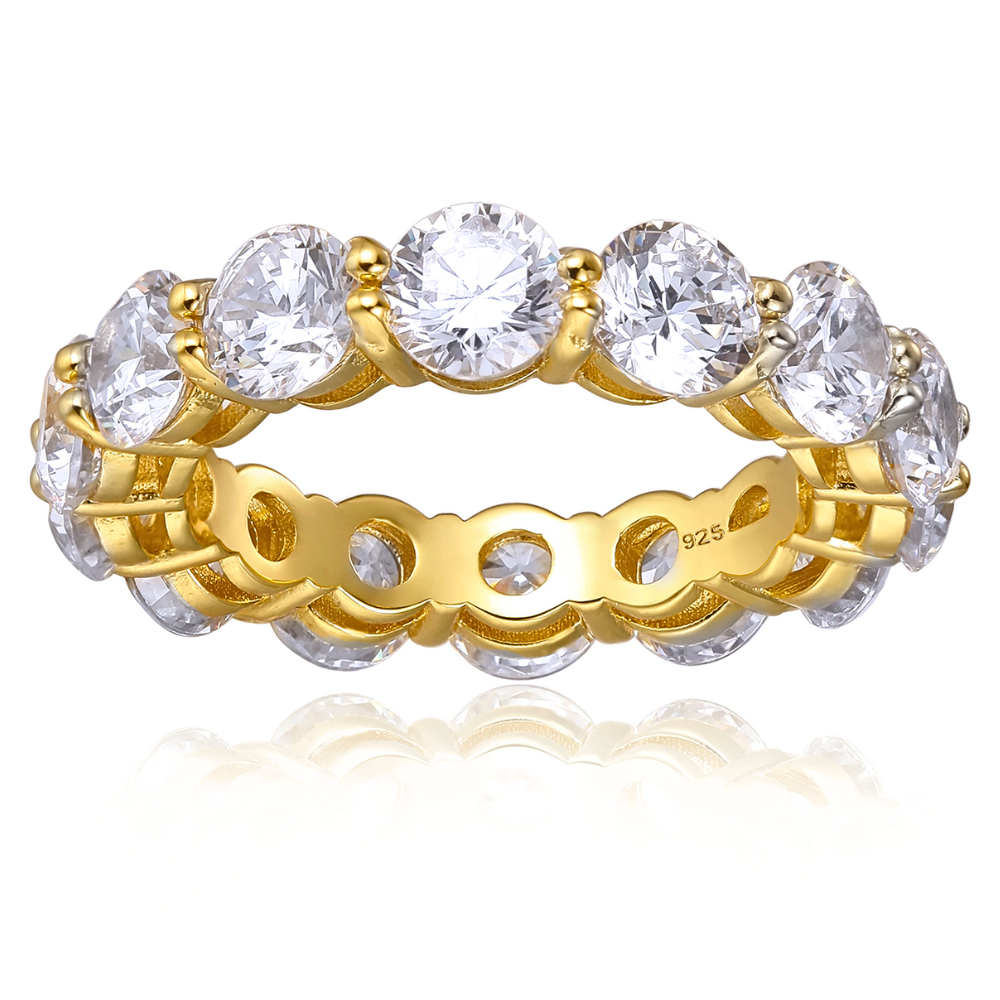 With 0.5 carat stones circling in an eternity setting
Sterling silver plated with 14K gold
Available in silver and in sizes 4 through 11