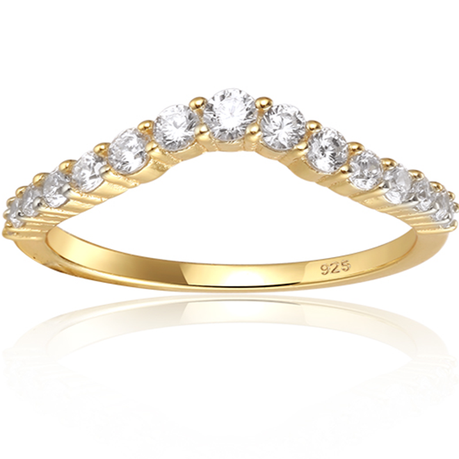 Features 15 round cut stones, starting at 2.5mm in the center, and gradually going down to 1mm

100% simulated diamond material stones (AAA CZ)
Set in a 925 sterling silver band, plated with 14k gold

Available in sizes 4 through 11