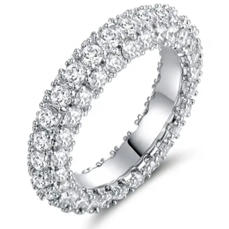 Crafted with small diamonds all around the yellow gold-plated band as well as on the sides
925 sterling silver plated in Rhodium
Free of Lead, Cadmium, and Nickel
Available is sizes 4 through 11