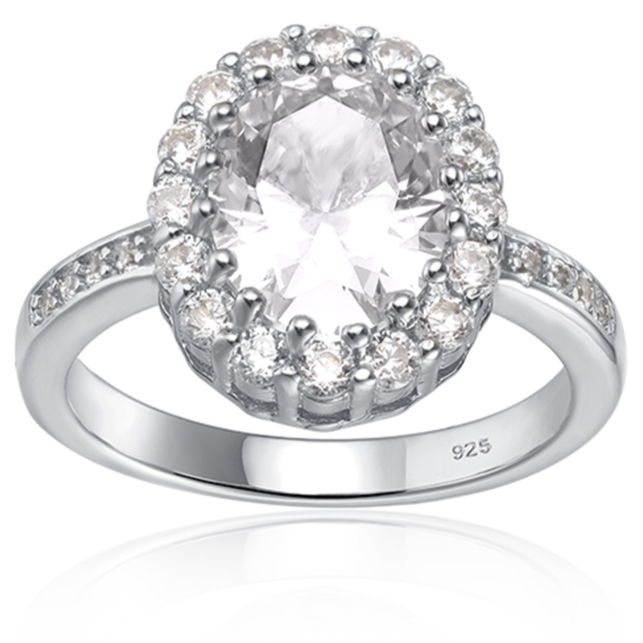 Features a 2-carat oval cut center stone
Surrounded by 16 small stones in a delicate halo.
There are 4 smaller stones down each side of the band
Triple A CZ stones, sterling silver, and plated in Rhodium
Available in silver and sizes 4 through 11
