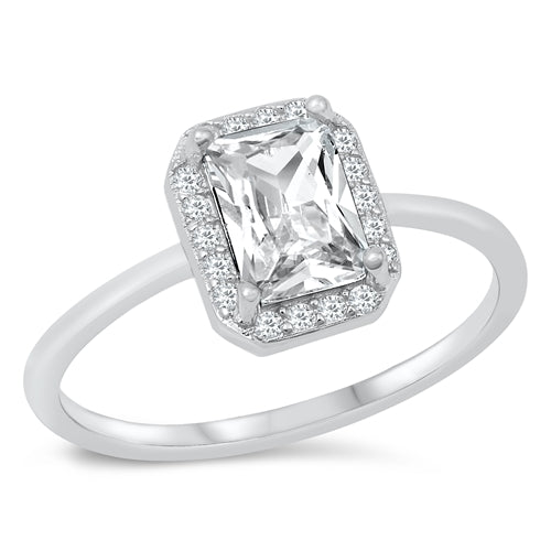 Features a 1.5-carat emerald cut center clear Triple A CZ stone
Surrounded by a halo of small round stones
Set in a 10mm wide sterling silver band