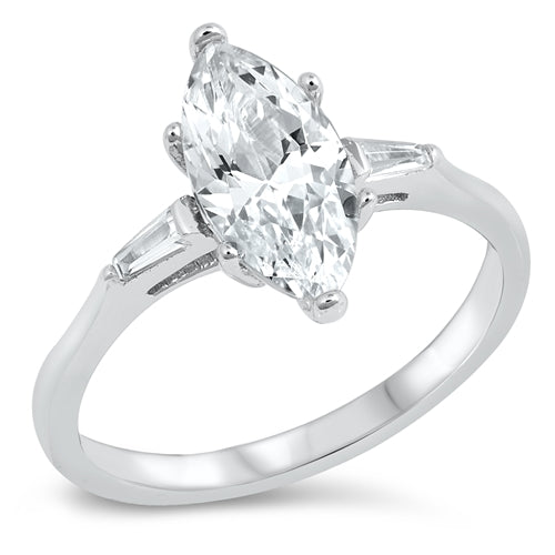 Features a 2-carat marquise center stone
Two stones inlaid in both sides
Sterling silver band
Available in sizes 4 through 10