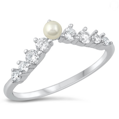 Features a chevron-shaped wedding band
Add 6 Triple A CZ stones with a pearl placed in the center
Available in sizes 4 through 10