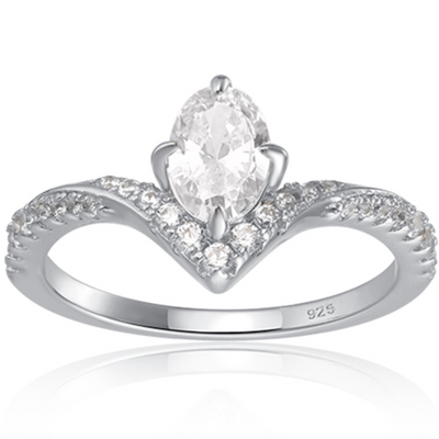 Unique oval cut ring features a .75 carat stone
Round cut stones that cover 3/4 of the band
925 sterling silver plated Rhodium comes to a twisted point above the oval
100% simulated diamond material stones (AAA CZ)
The center stone measures 7.5mm x 5mm
Available in silver as well
