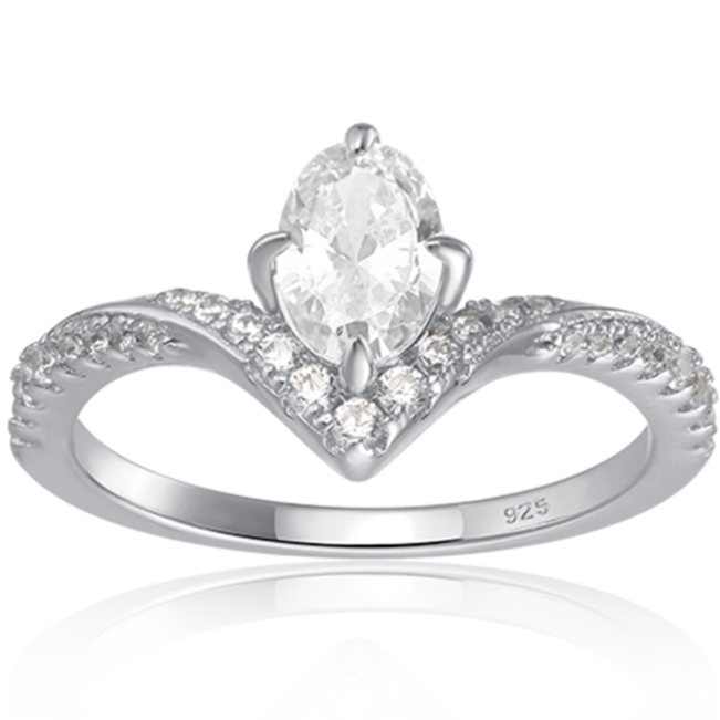 Unique oval cut ring features a .75 carat stone
Round cut stones that cover 3/4 of the band
925 sterling silver plated Rhodium comes to a twisted point above the oval
100% simulated diamond material stones (AAA CZ)
The center stone measures 7.5mm x 5mm
Available in silver as well