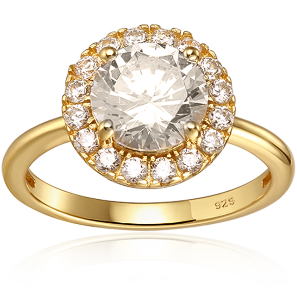 Features a 2-carat round cut center stone
Triple A CZ stones surround this center stone in a gorgeous halo
Set in a prong setting with 14K gold plating
Available in silver and in sizes 4 through 11