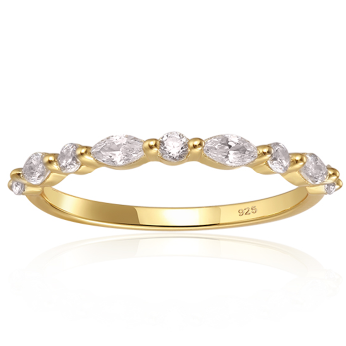 Features marquise cut stones (4mm x 2mm), alternating with round cut stones (2mm x 2mm), for a total of 9 stones
Prong setting with 925-sterling silver band and plated in14k gold.
100% simulated diamond material stones (AAA CZ)
Available in silver and in sizes 4 through 11