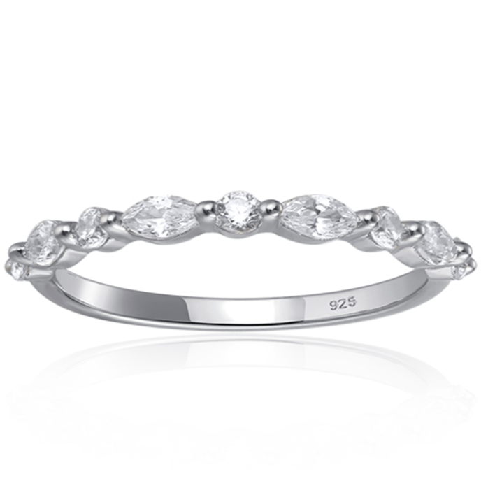 Features marquise cut stones (4mm x 2mm), alternating with round cut stones (2mm x 2mm), for a total of 9 stones
Prong setting with 925-sterling silver band and plated in Rhodium
100% simulated diamond material stones (AAA CZ)
Available in gold and in sizes 4 through 11