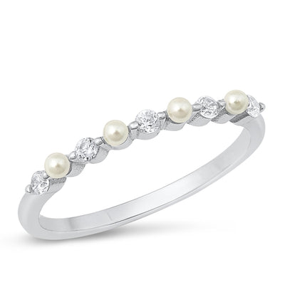 Features five small CZ stones, with a face height of 2.1mm
Also has four small pearls alternating along the dainty band

Sterling silver and plated in Rhodium
