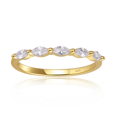 Features 5 oval cut stones that are 4mm x 2mm in size
100% simulated diamond material stones (AAA CZ)
Beautifully set in a 925-sterling silver band, plated 14k gold&nbsp;
Available in silver and sizes 4 through 11