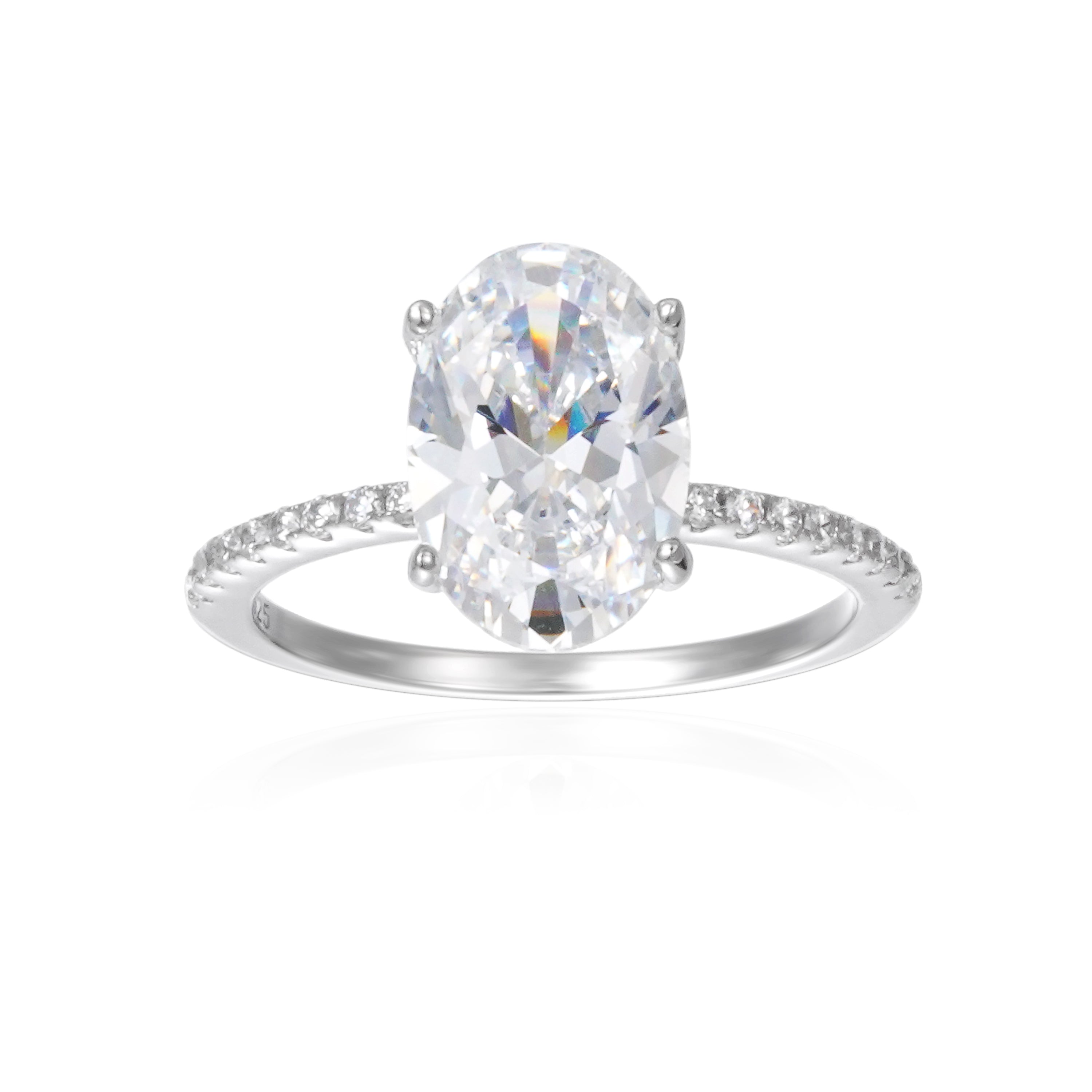 Material is 925 Sterling Silver with 5A white cubic zirconia
Plated in Rhodium for lasting shine
Lead and nickel free
Available in sizes 5 through 10