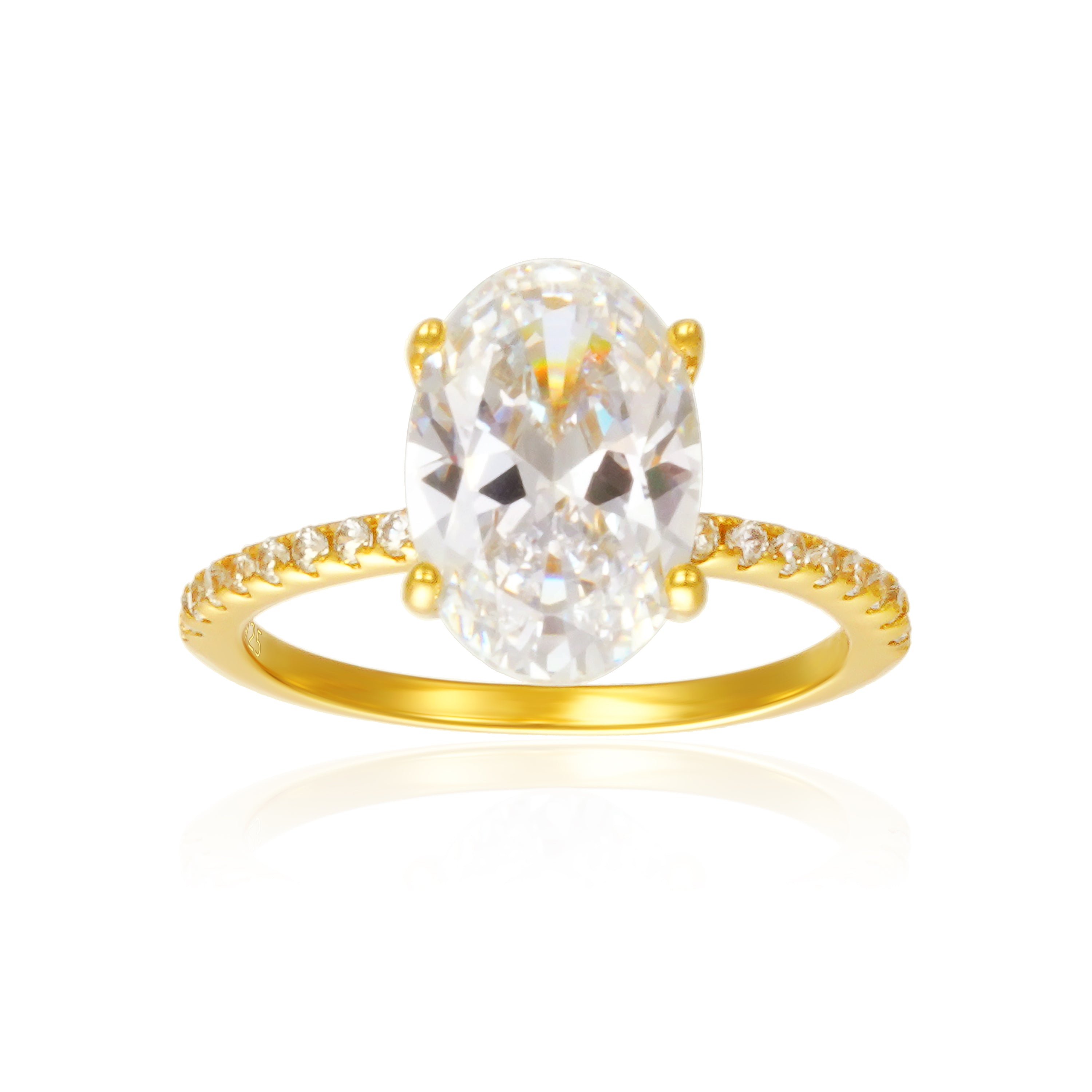 Material is 925 Sterling Silver with 5A white cubic zirconia
Plated in 18K Gold for lasting shine
Lead and nickel free
Available in sizes 5 through 10
