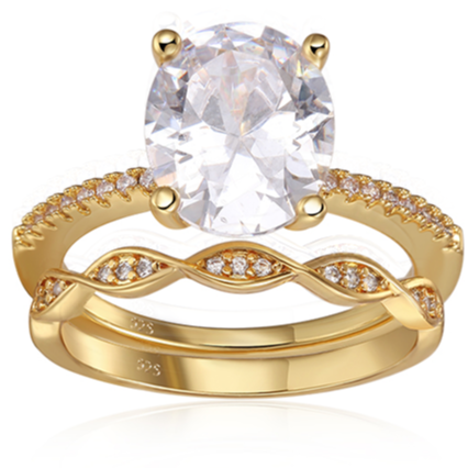 Features 2.5 carat oval center stone
The band is high-quality 925 sterling silver plated in rhodium or 14k gold with small stones inlaid halfway around.
Includes an eternity band that features a sleek and elegant design that will add a touch of sophistication to this set.