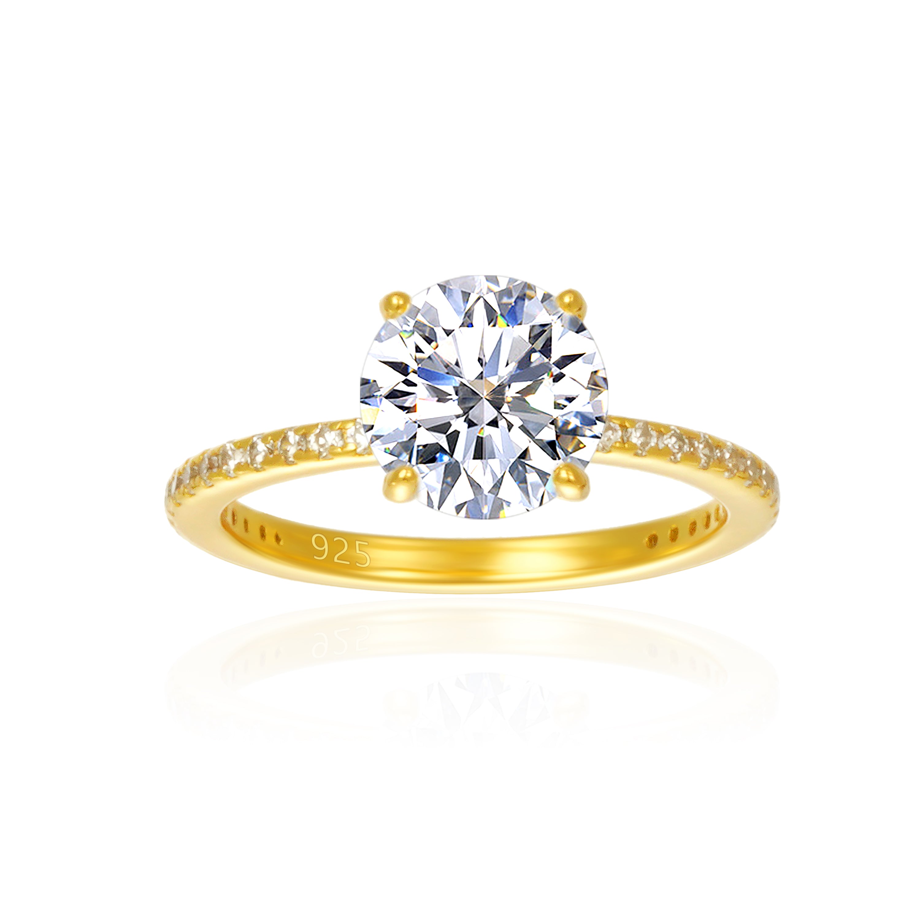 925 Sterling Silver with 5A white CZ stone
Plated in 18K gold
Lead &amp; nickel free
Available in sizes 5 through 10