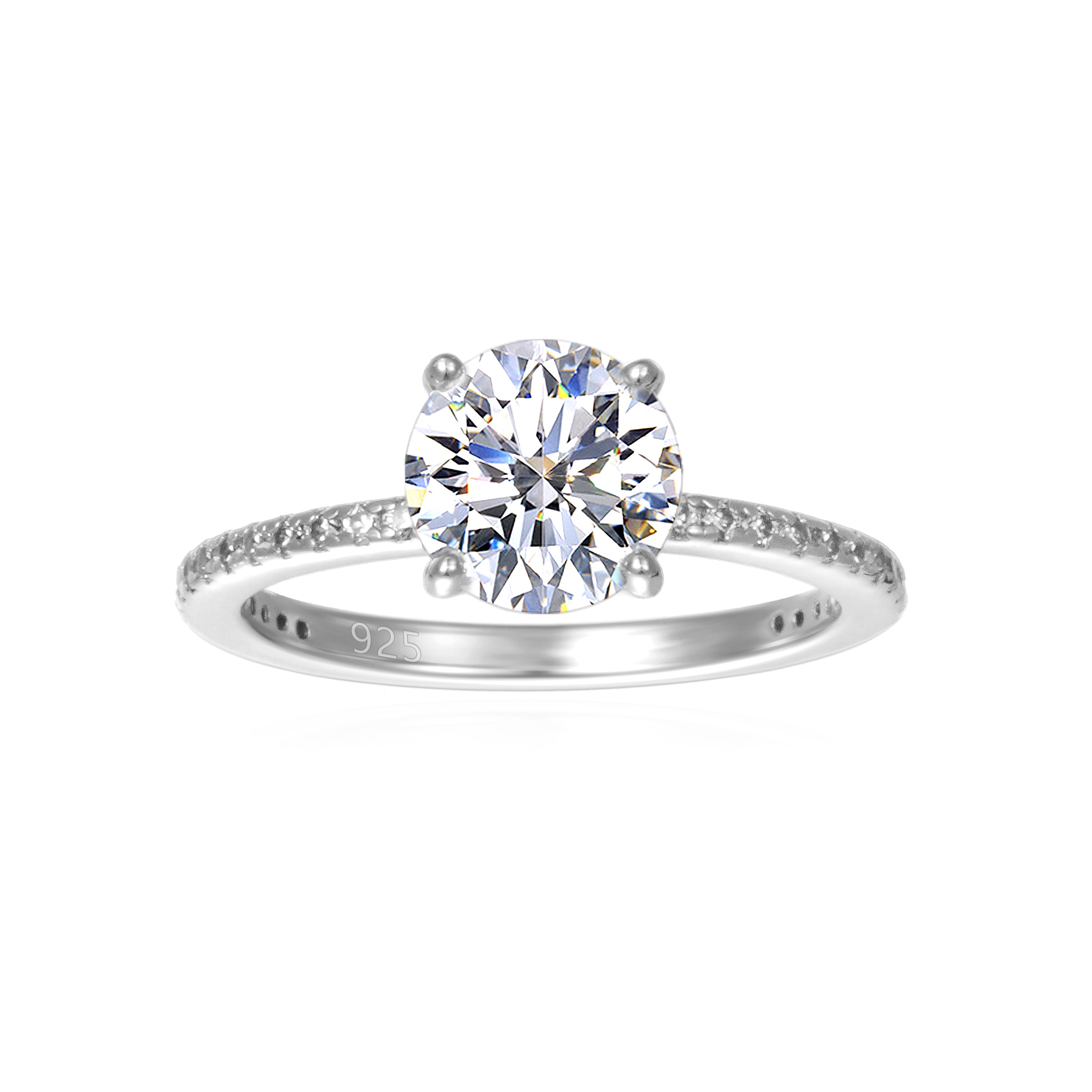 925 Sterling Silver with 5A white CZ stone
Plated in Rhodium for long lasting durability
Lead &amp; nickel free
Available in sizes 5 through 10