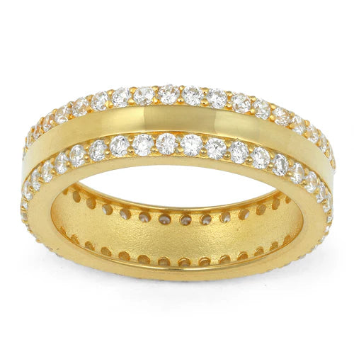 Endlessly dazzling, this ring is adorned two rows of round cut stones encircling the entire band. It'll make you sparkle for eternity!

100% simulated diamond material (AAA CZ) in a stunning surface prong setting
Crafted from 925 sterling silver plated in yellow gold
Band width measures 5.5mm
Great to stack with other Starlette rings