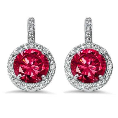 Feel flawless in theses classic round-cut halo earrings with lots of sparkle.&nbsp;&nbsp;

Lightweight for everyday wear, wear these on date night or around the house.
Made of sterling silver and plated in rhodium,
These earrings are hypoallergenic and a great gift for yourself of someone else.
The center Ruby stone is 1.5 carats and they hang 3/4".