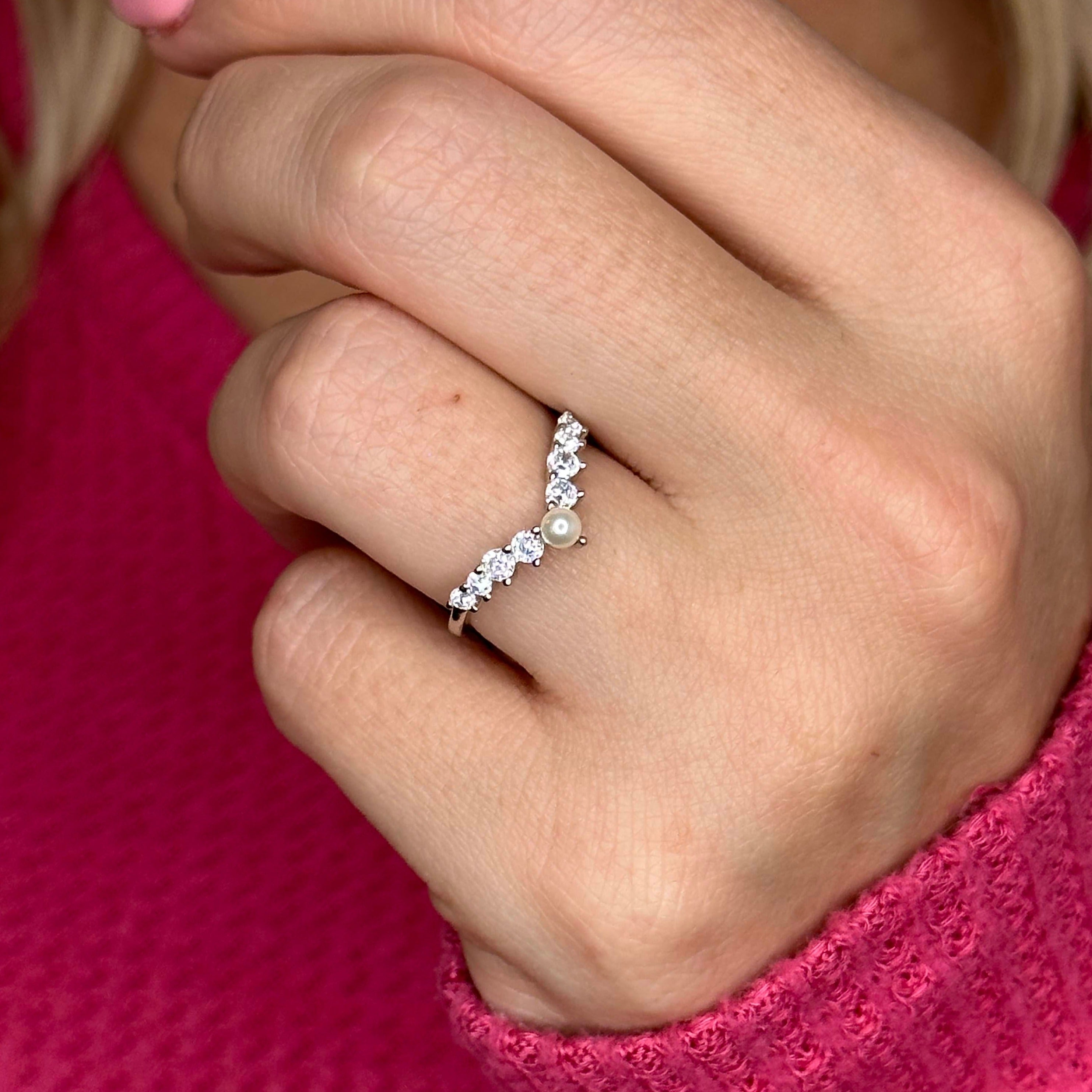 Natalie Ring in Silver with Pearl - CZ and Pearl Stackable Adds a Touch of Class