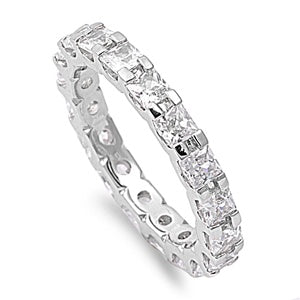 Face height of 3 mm (0.13 inch)
Adorned with Triple A CZ stones in eternity setting&nbsp;
Plated in Rhodium
Available in sizes 4 through 12