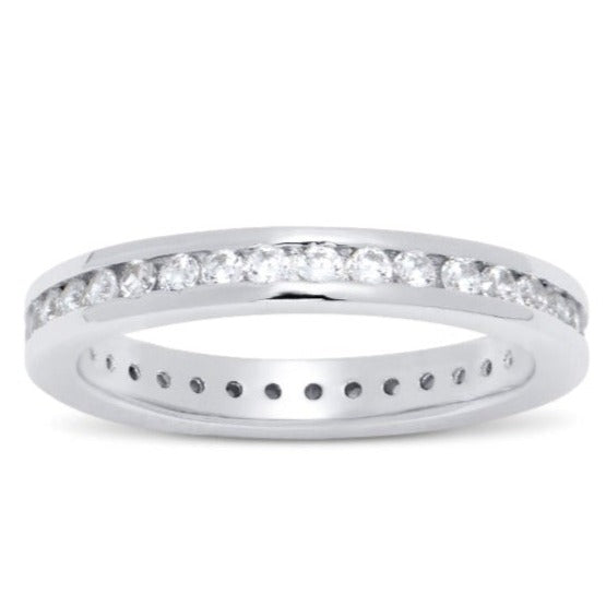 Features stunning round-cut stones, set in a beautiful scallop setting that span the entire circumference of the band.
The captivating stones are 100% simulated diamond material (AAA CZ)
Certified 925 sterling silver, and plated in rhodium
Available in sizes 4 through 12