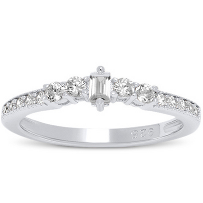Features a timeless emerald-cut stone
2 round cut stones run down each side with a classic prong setting.
Trailing the slender band is more stones in a bead bright setting
Made of certified 925 sterling silver and plated in rhodium
The stones are made of 100% simulated diamond material (AAA CZ)