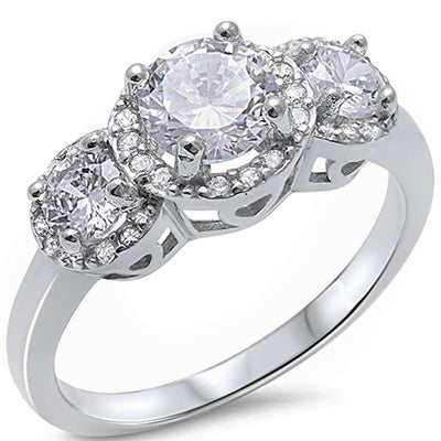 Each of the 3 stones is surrounded by intricate halos, with the center stone having a .75 weight
Set in a beautiful prong setting with sterling silver
